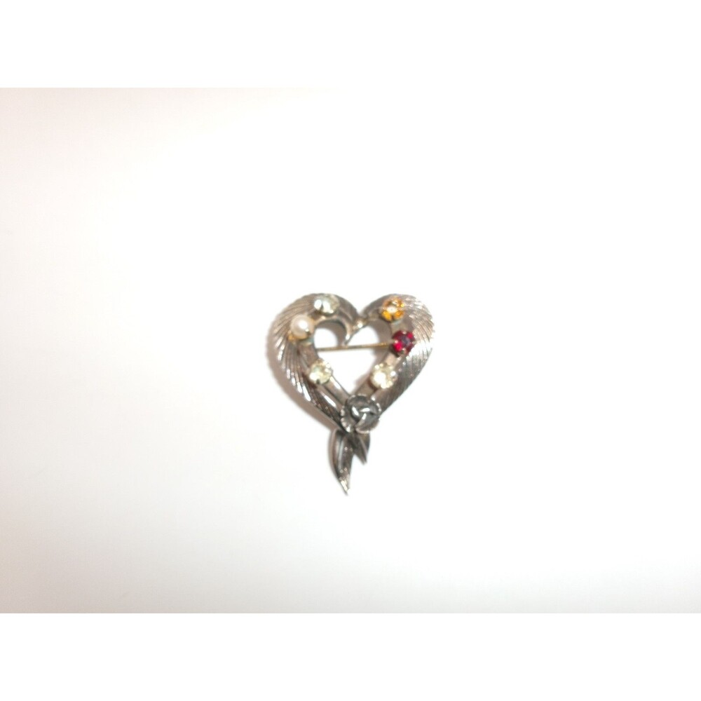 Vintage Creed Brooch Pin Marked Sterling Silver Heart Shape w/ Faux Gemstones